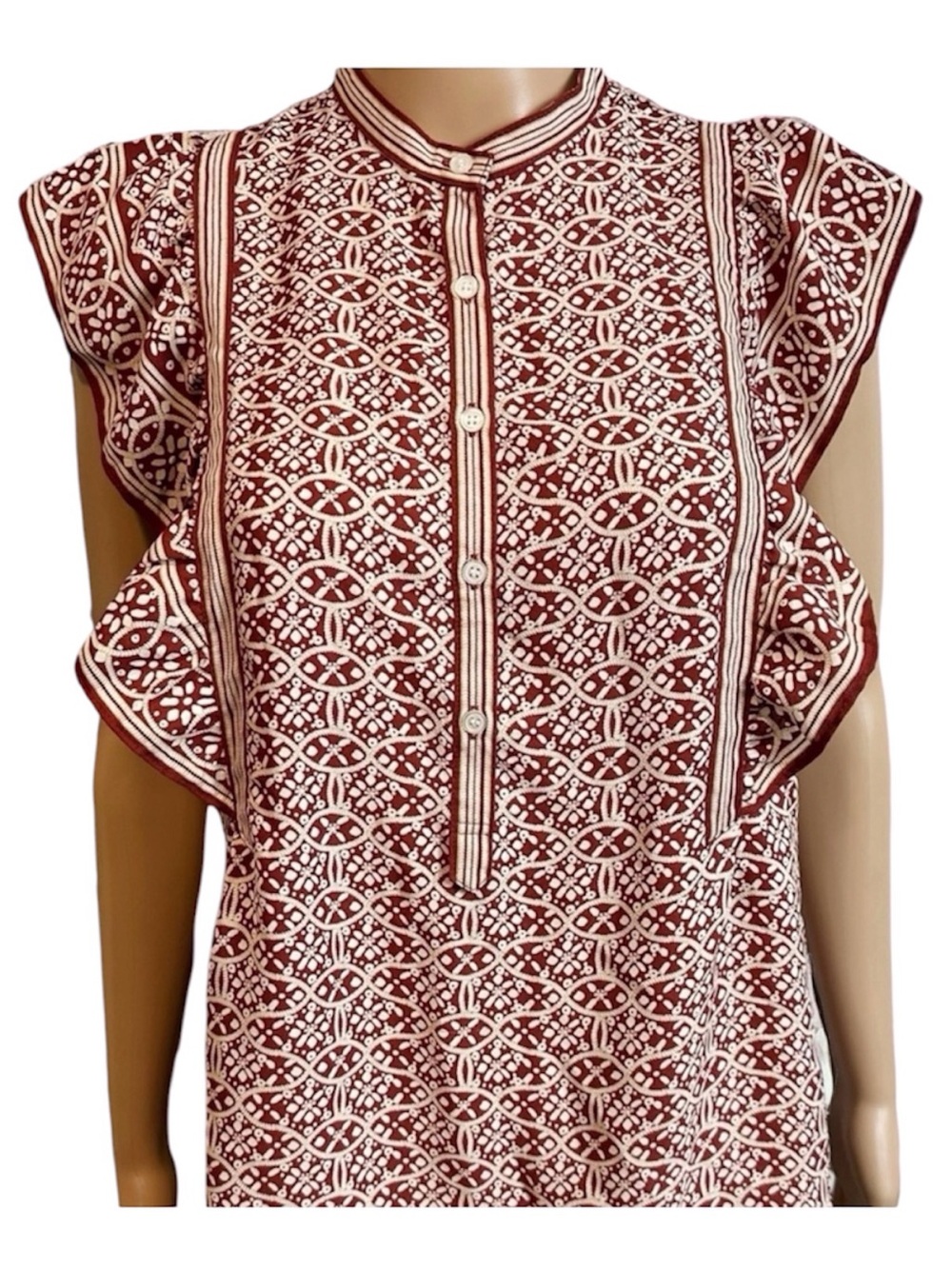 Max Studio Half Button Ruffle Rust Brown Boho Top FLAW